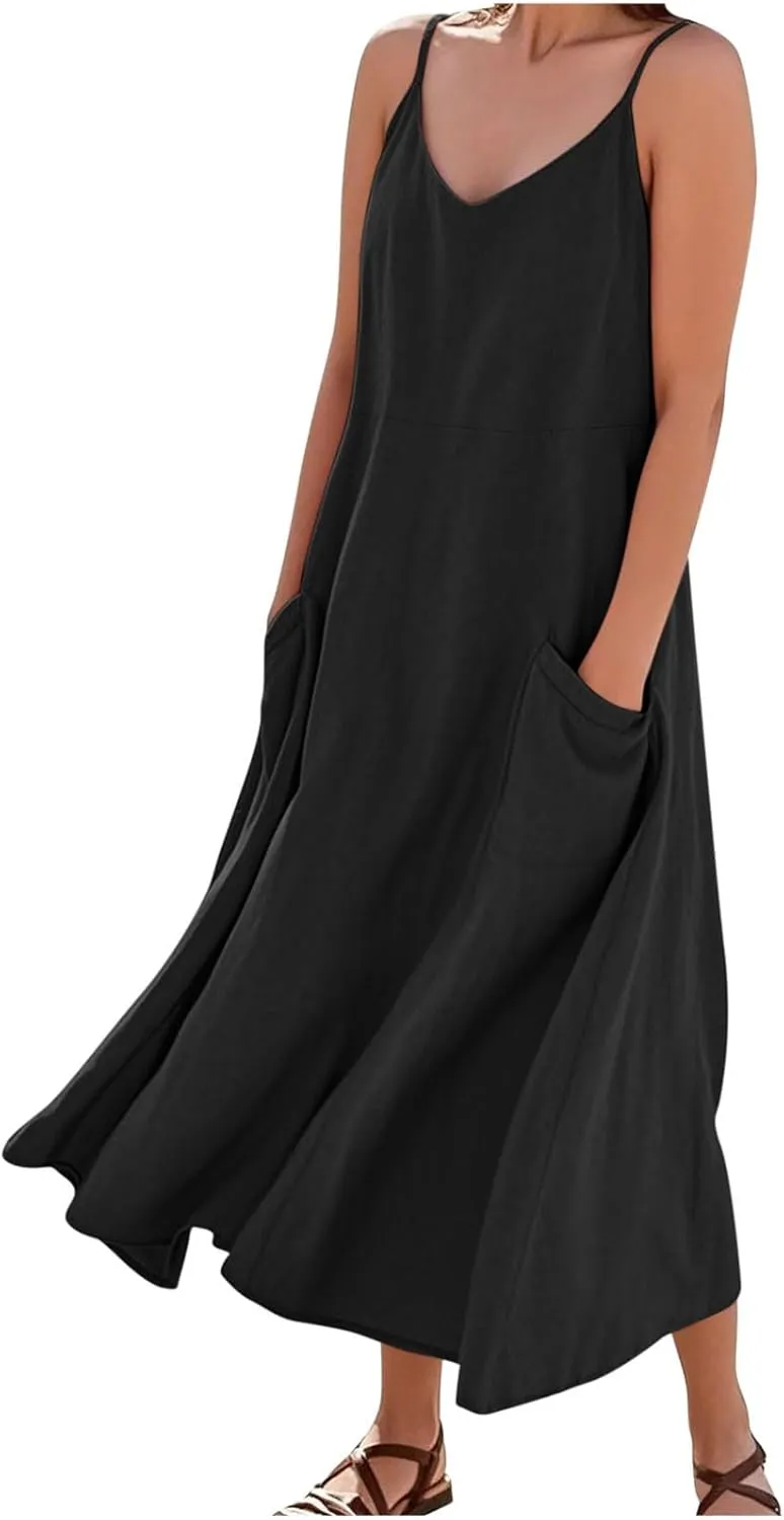 Women's Summer Maxi Dress Casual Boho Spaghetti Strap Dresses Beach Vacation Pockets Sundress Solid Travel Clothes