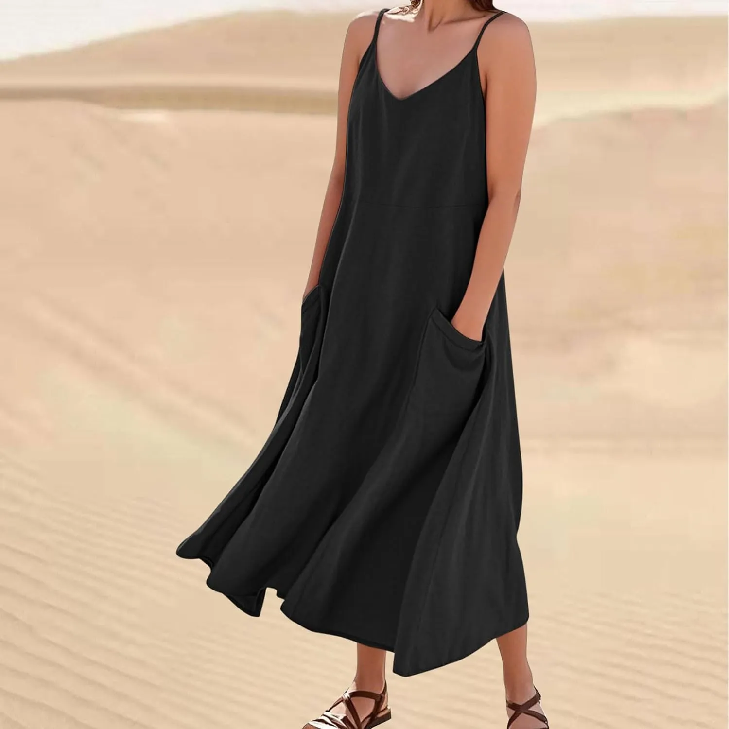 Women's Summer Maxi Dress Casual Boho Spaghetti Strap Dresses Beach Vacation Pockets Sundress Solid Travel Clothes