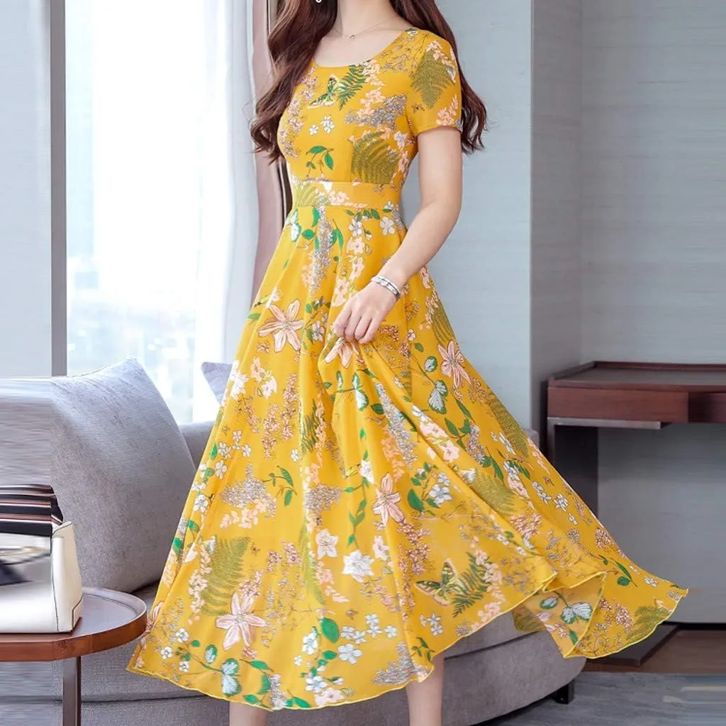 Women's Summer Maxi Dress Casual Boho V Neck Short Sleeve Ruffle Hem Flowy Beach Long Dresses Sundress Midi Dresses