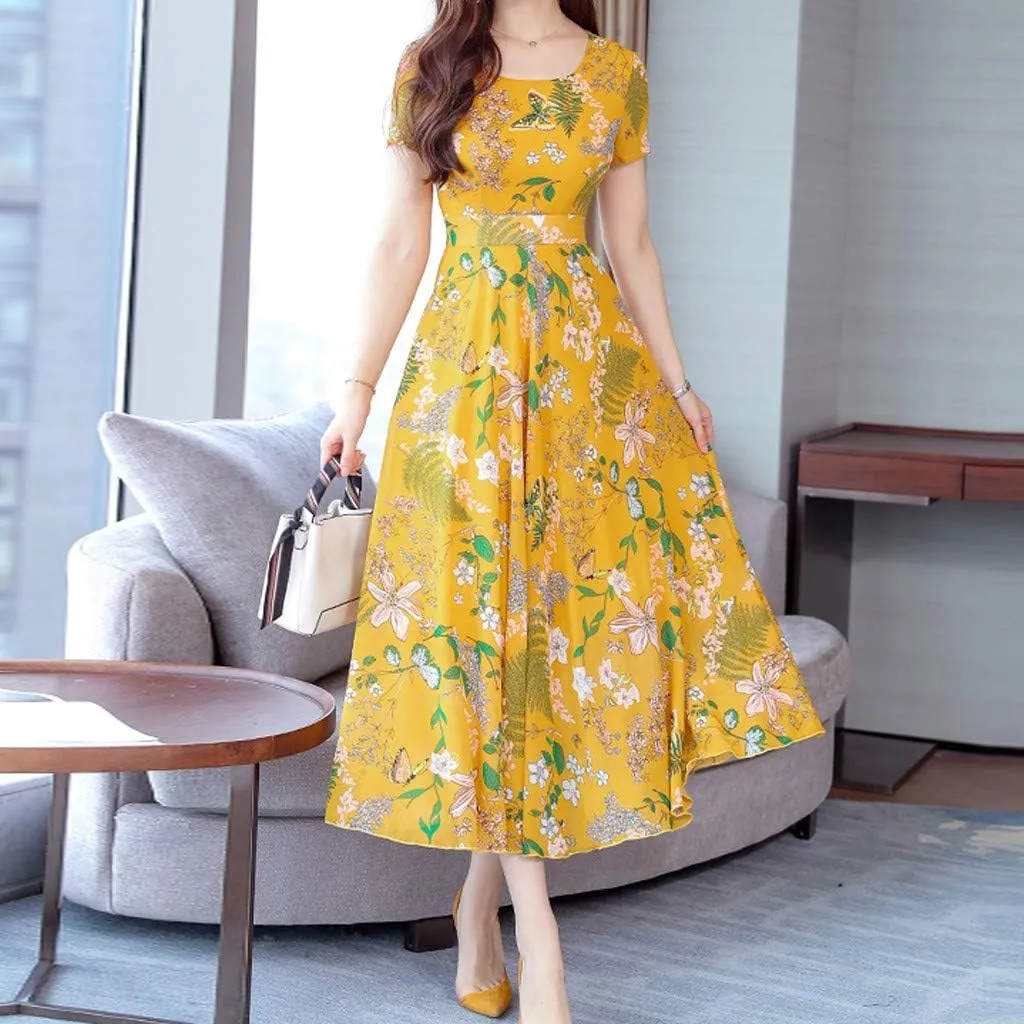 Women's Summer Maxi Dress Casual Boho V Neck Short Sleeve Ruffle Hem Flowy Beach Long Dresses Sundress Midi Dresses