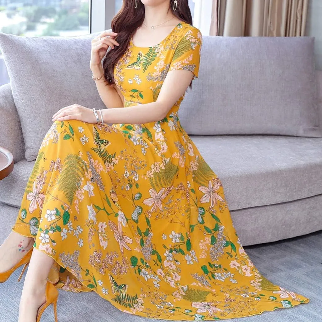 Women's Summer Maxi Dress Casual Boho V Neck Short Sleeve Ruffle Hem Flowy Beach Long Dresses Sundress Midi Dresses