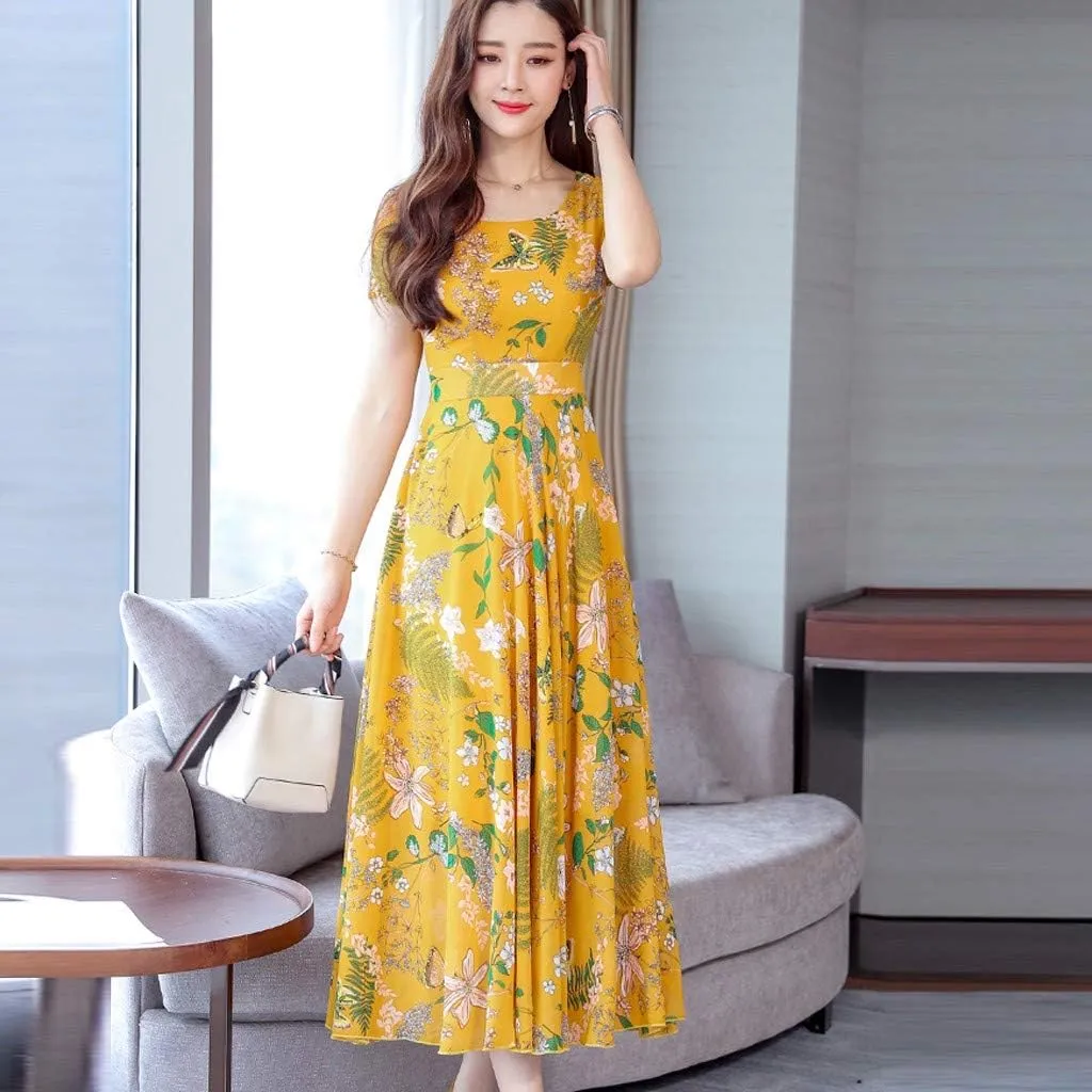 Women's Summer Maxi Dress Casual Boho V Neck Short Sleeve Ruffle Hem Flowy Beach Long Dresses Sundress Midi Dresses