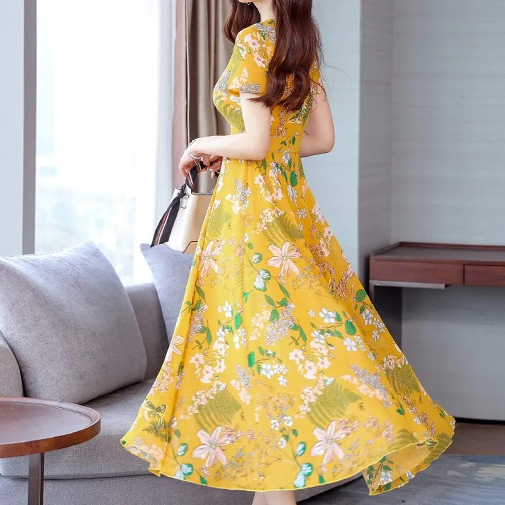 Women's Summer Maxi Dress Casual Boho V Neck Short Sleeve Ruffle Hem Flowy Beach Long Dresses Sundress Midi Dresses