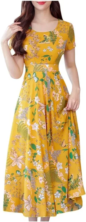 Women's Summer Maxi Dress Casual Boho V Neck Short Sleeve Ruffle Hem Flowy Beach Long Dresses Sundress Midi Dresses