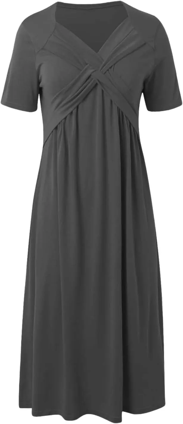 Women's Summer Short Sleeve A-Line Midi Dresses Casual Tiered T-Shirt Dress Flowy Beach Sundress with Pockets