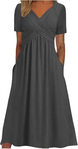 Women's Summer Short Sleeve A-Line Midi Dresses Casual Tiered T-Shirt Dress Flowy Beach Sundress with Pockets