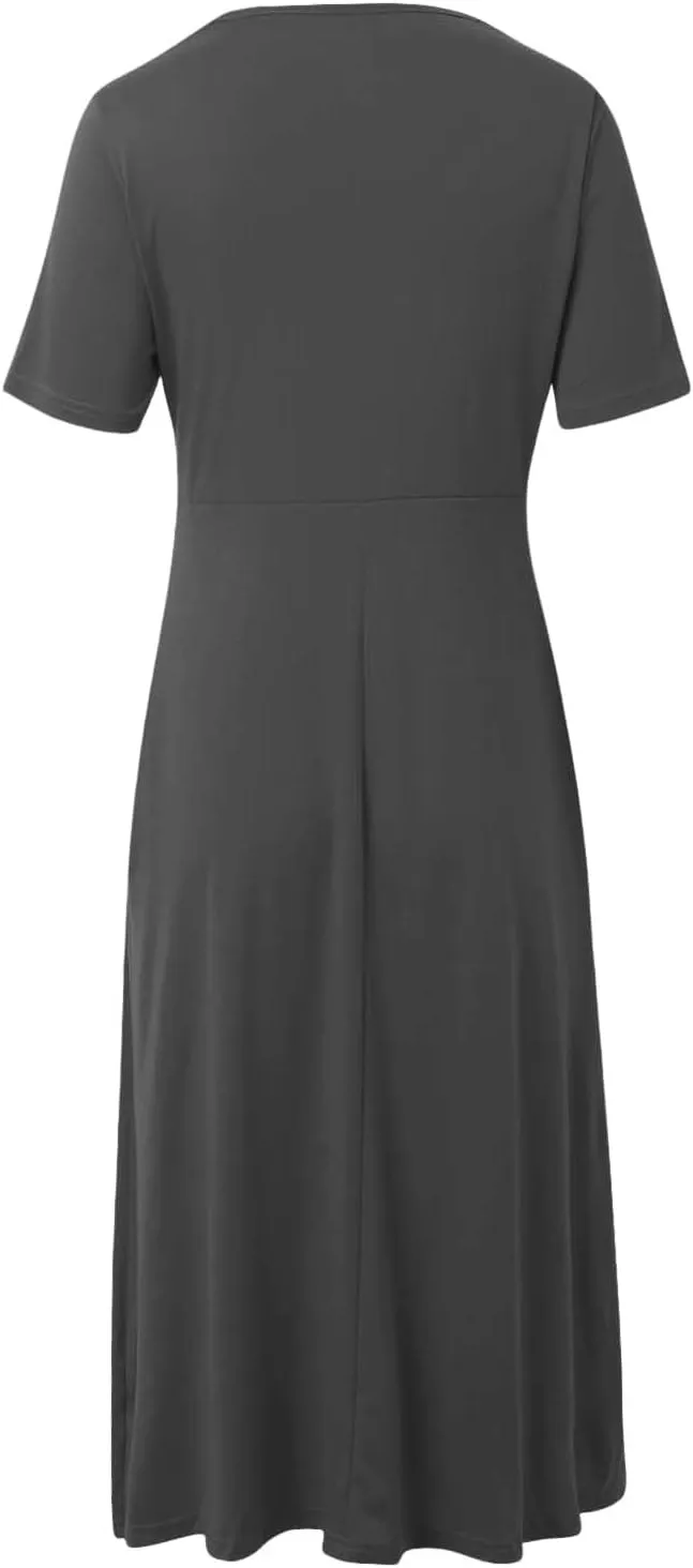Women's Summer Short Sleeve A-Line Midi Dresses Casual Tiered T-Shirt Dress Flowy Beach Sundress with Pockets