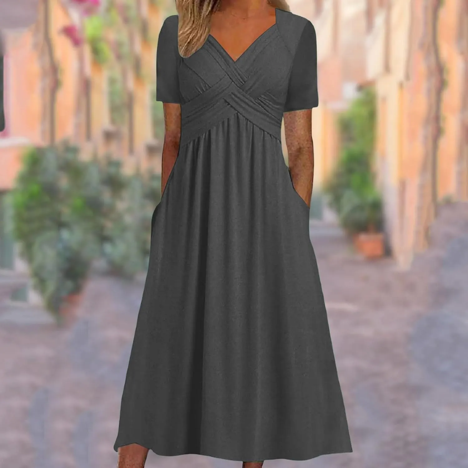 Women's Summer Short Sleeve A-Line Midi Dresses Casual Tiered T-Shirt Dress Flowy Beach Sundress with Pockets