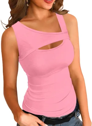 Womens Summer Tank Tops Cut Out Front Ribbed Fitted Sexy Casual Sleeveless Shirts