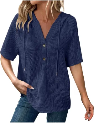 Womens Summer Waffle Knit Short Sleeve Tops Lightweight Drawstring Hoodies Button V Neck Casual Blouse Hooded Shirts