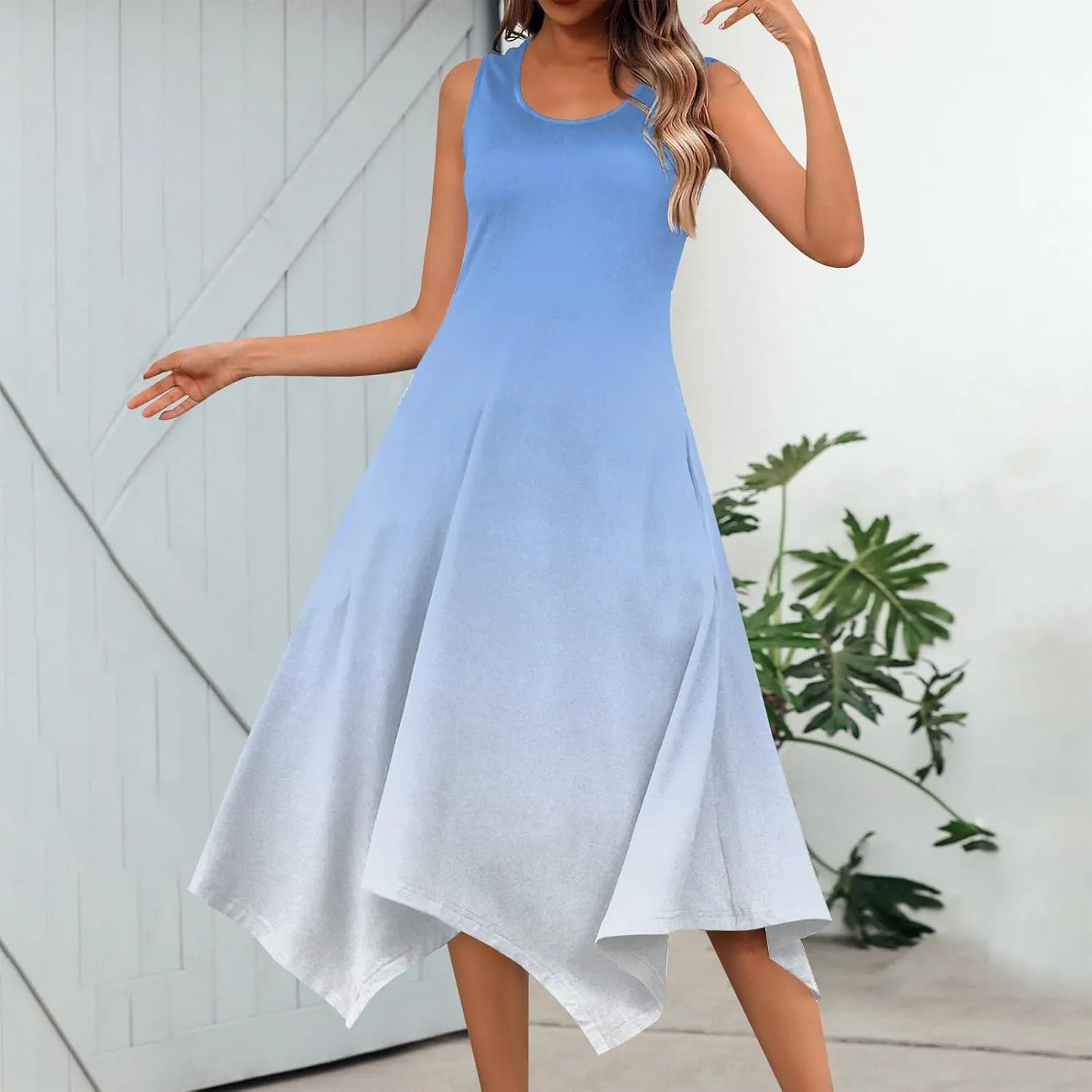 Womens Sun Dress Women's Summer 2025 Round Neck Midi Dress Sleeveless Gradient Floral Printed Beach Tank Dresses
