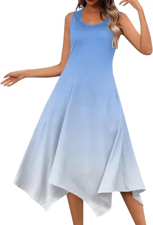Womens Sun Dress Women's Summer 2025 Round Neck Midi Dress Sleeveless Gradient Floral Printed Beach Tank Dresses
