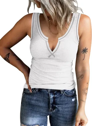 Women's Tank Tops Ribbed V Neck Sleeveless T Shirts Summer Slim Fitted Basic Tee Tops Crew Neck Cami Shirt