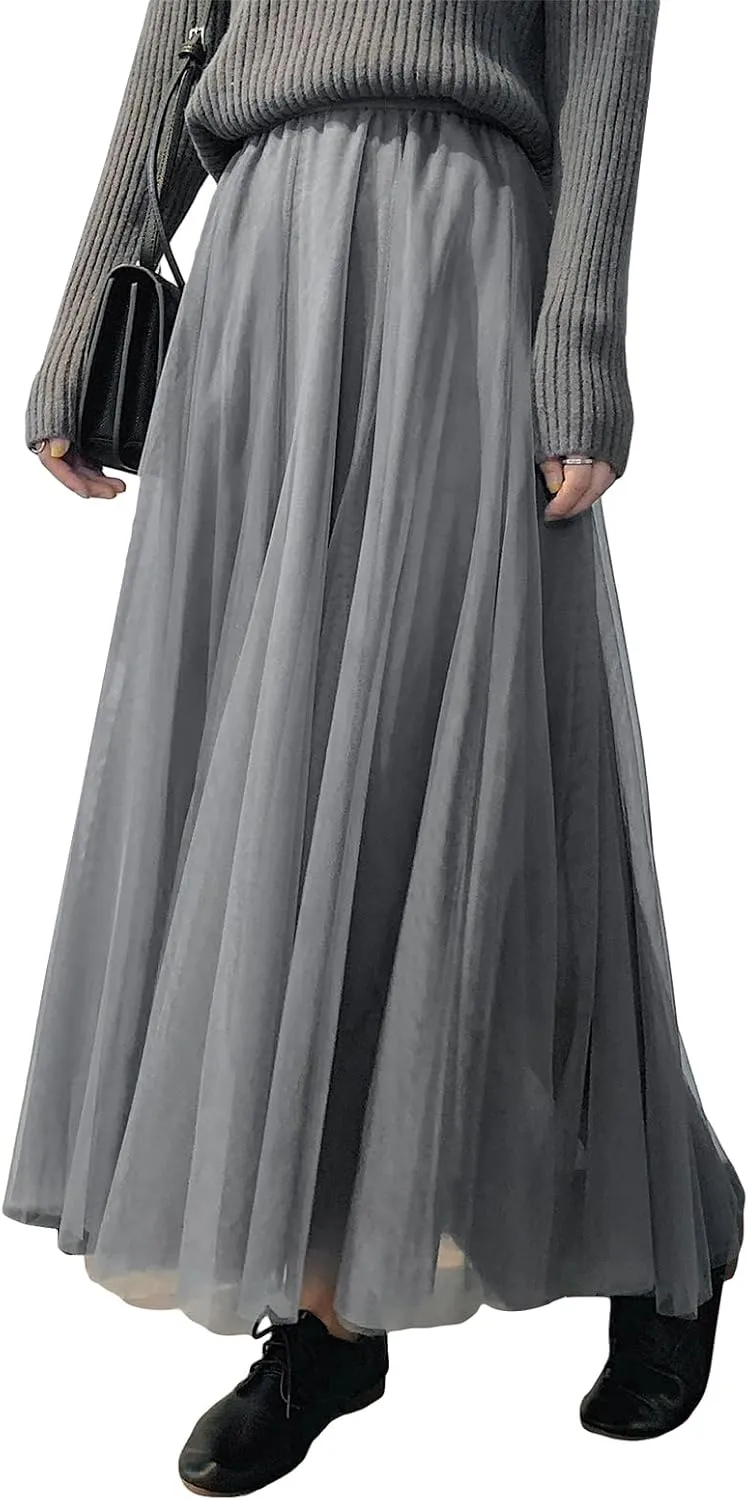 Womens Tulle Skirts Solid Color Midi Elastic High Waist Pleated Mesh Flowy A-Line Party Long Tutu Skirt Fall