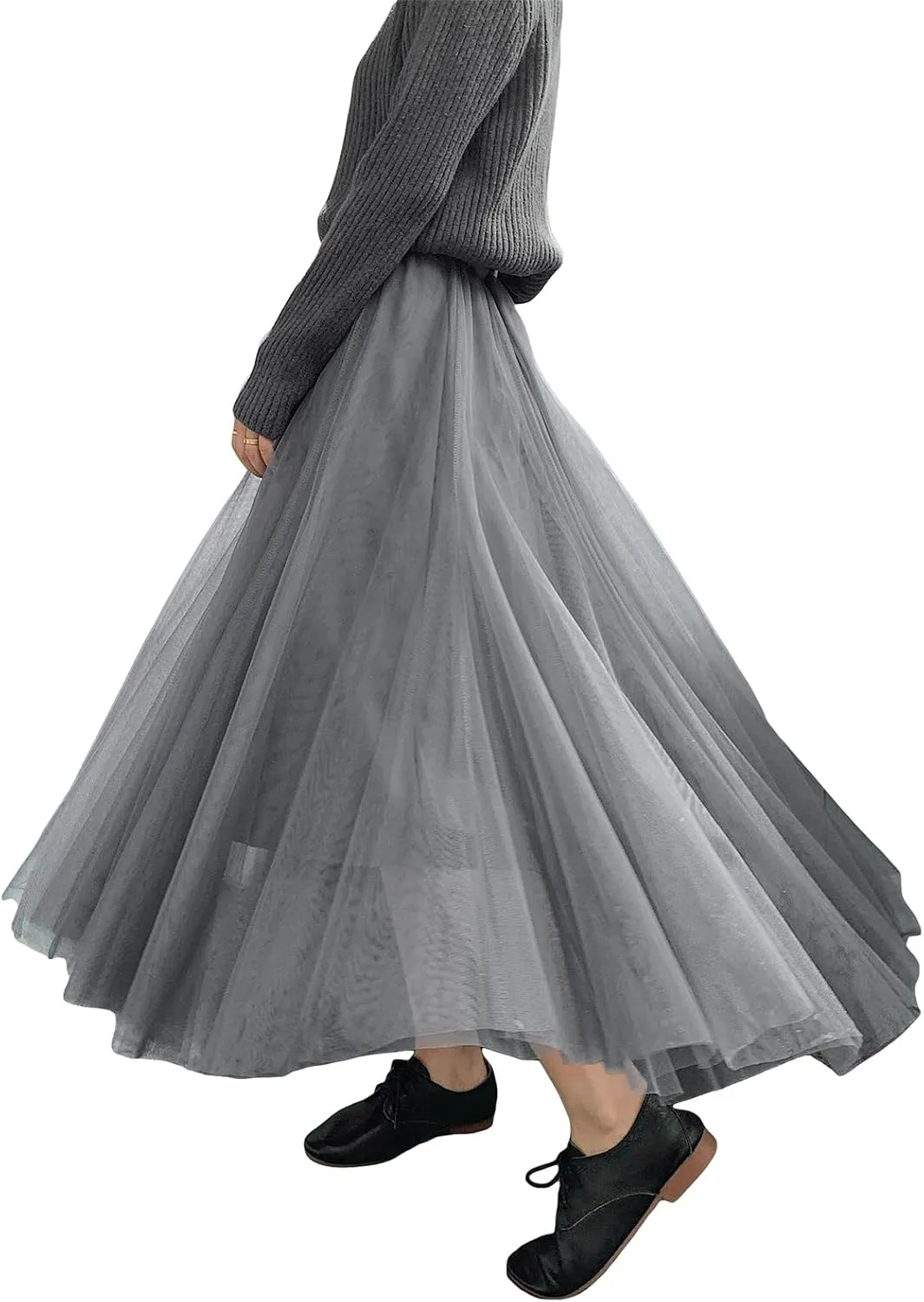 Womens Tulle Skirts Solid Color Midi Elastic High Waist Pleated Mesh Flowy A-Line Party Long Tutu Skirt Fall