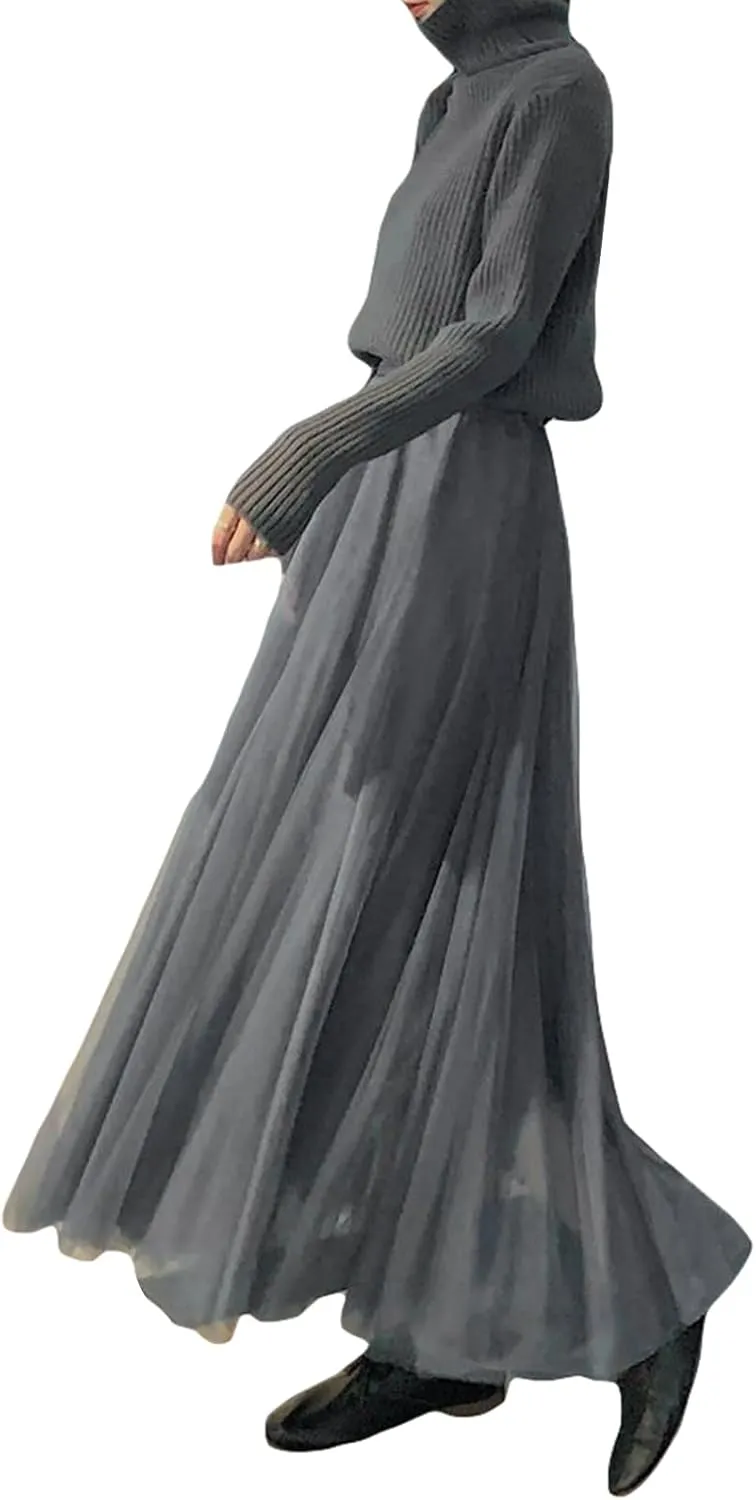 Womens Tulle Skirts Solid Color Midi Elastic High Waist Pleated Mesh Flowy A-Line Party Long Tutu Skirt Fall