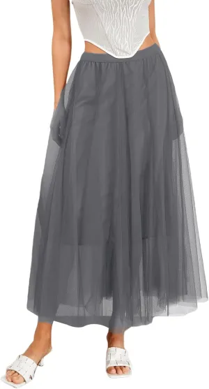 Womens Tulle Skirts Solid Color Midi Elastic High Waist Pleated Mesh Flowy A-Line Party Long Tutu Skirt Fall