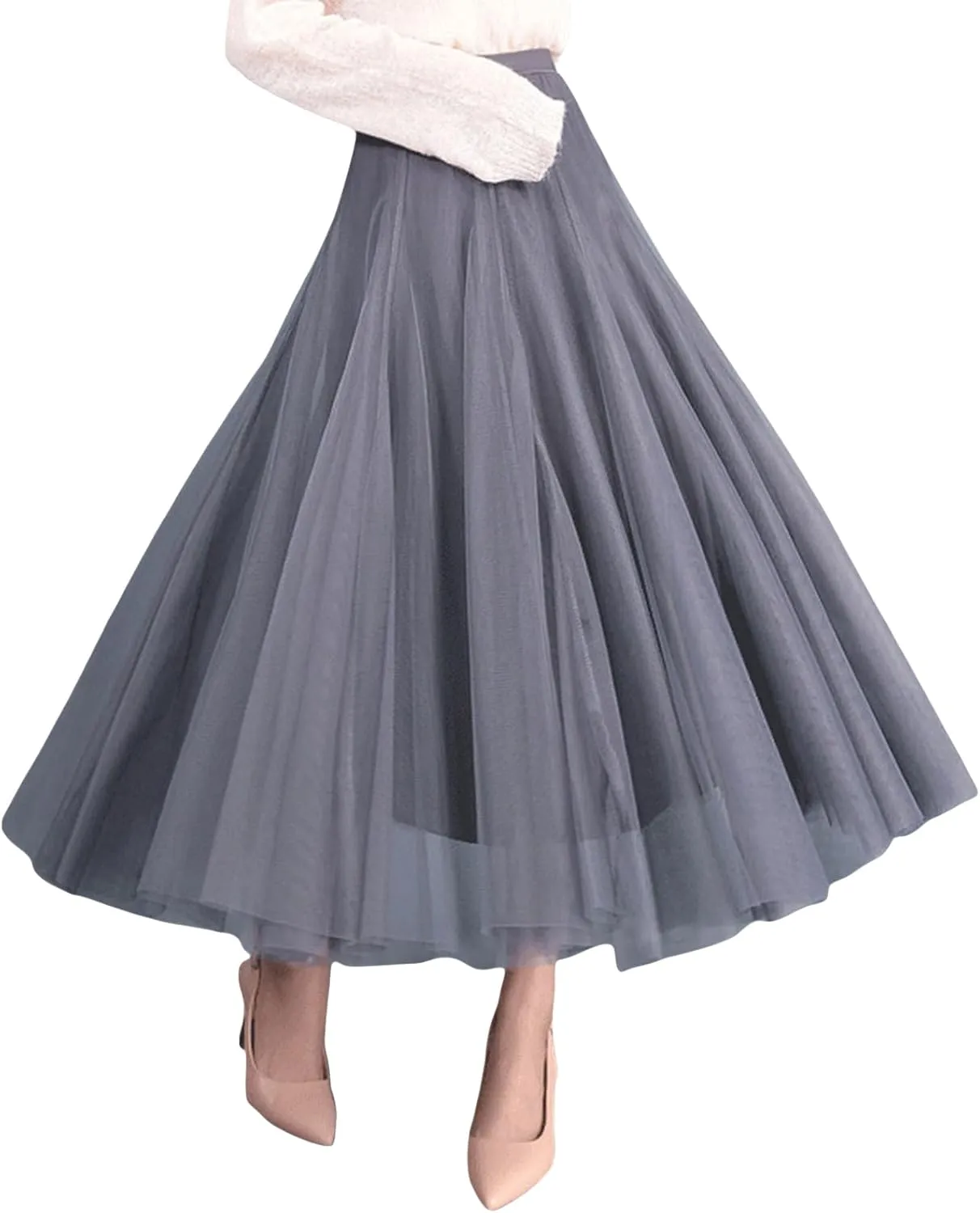 Womens Tulle Skirts Solid Color Midi Elastic High Waist Pleated Mesh Flowy A-Line Party Long Tutu Skirt Fall