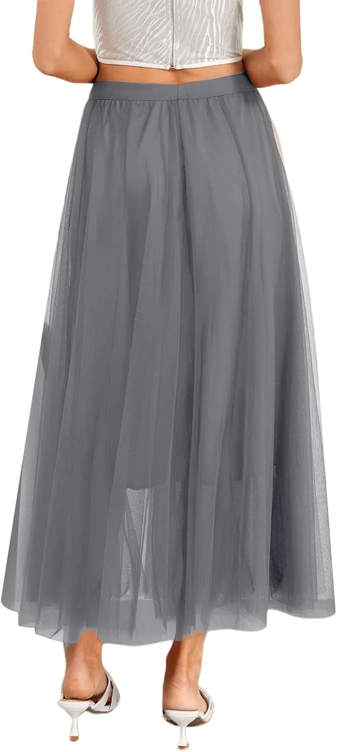 Womens Tulle Skirts Solid Color Midi Elastic High Waist Pleated Mesh Flowy A-Line Party Long Tutu Skirt Fall