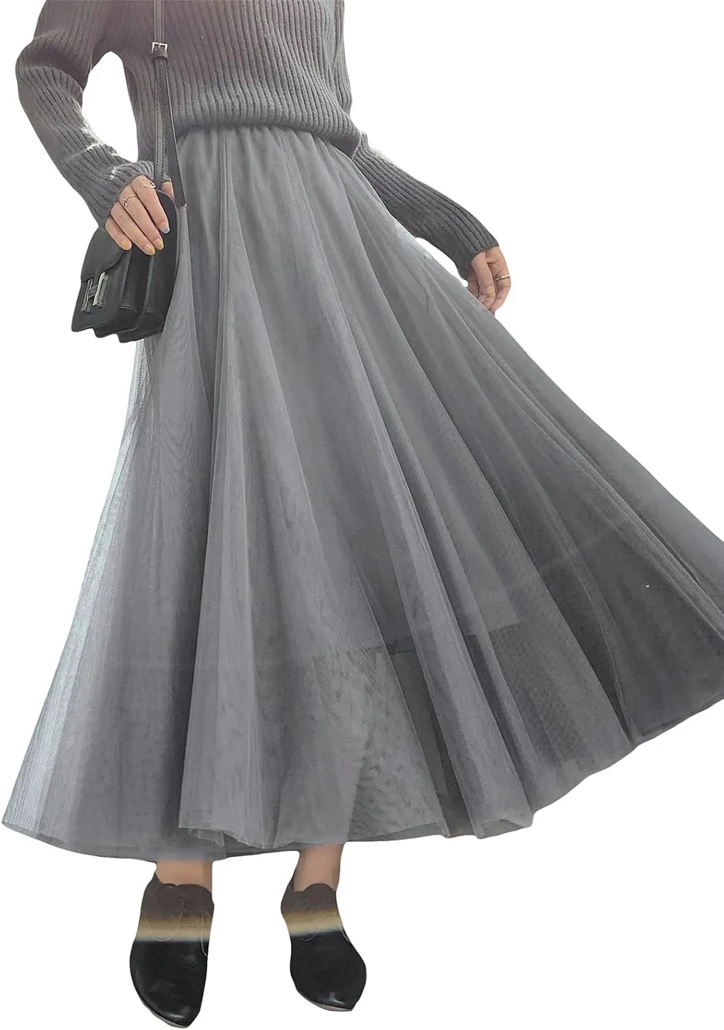 Womens Tulle Skirts Solid Color Midi Elastic High Waist Pleated Mesh Flowy A-Line Party Long Tutu Skirt Fall