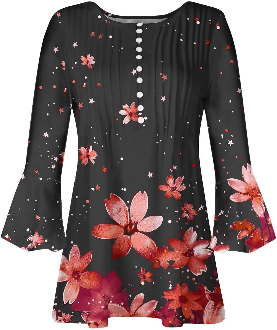 Women's Tunic Tops 2025 Fashion Boho Floral Print Daily Shirt Y2k 3/4 Bell Sleeve Button Down V Neck T Shirt Outfits