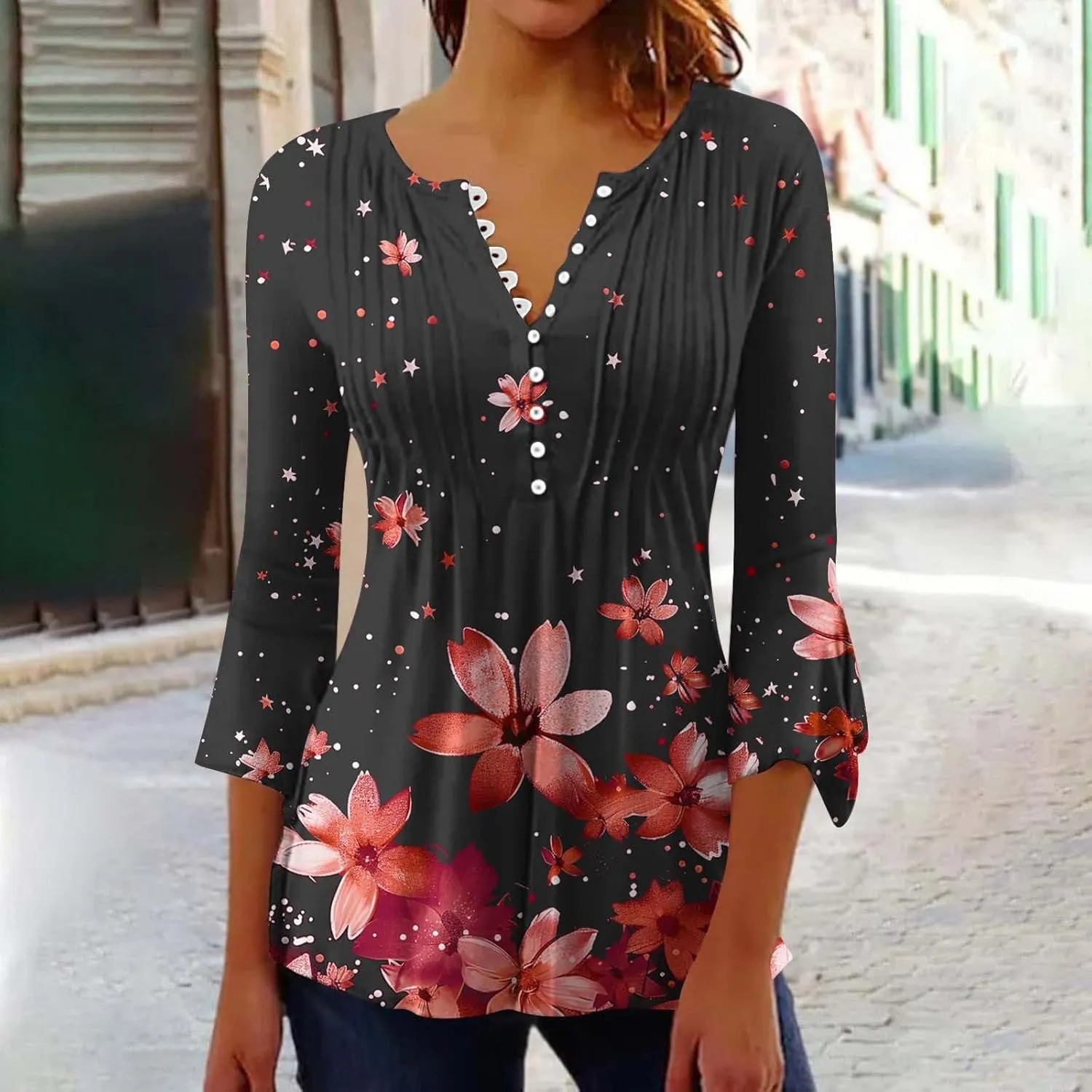 Women's Tunic Tops 2025 Fashion Boho Floral Print Daily Shirt Y2k 3/4 Bell Sleeve Button Down V Neck T Shirt Outfits