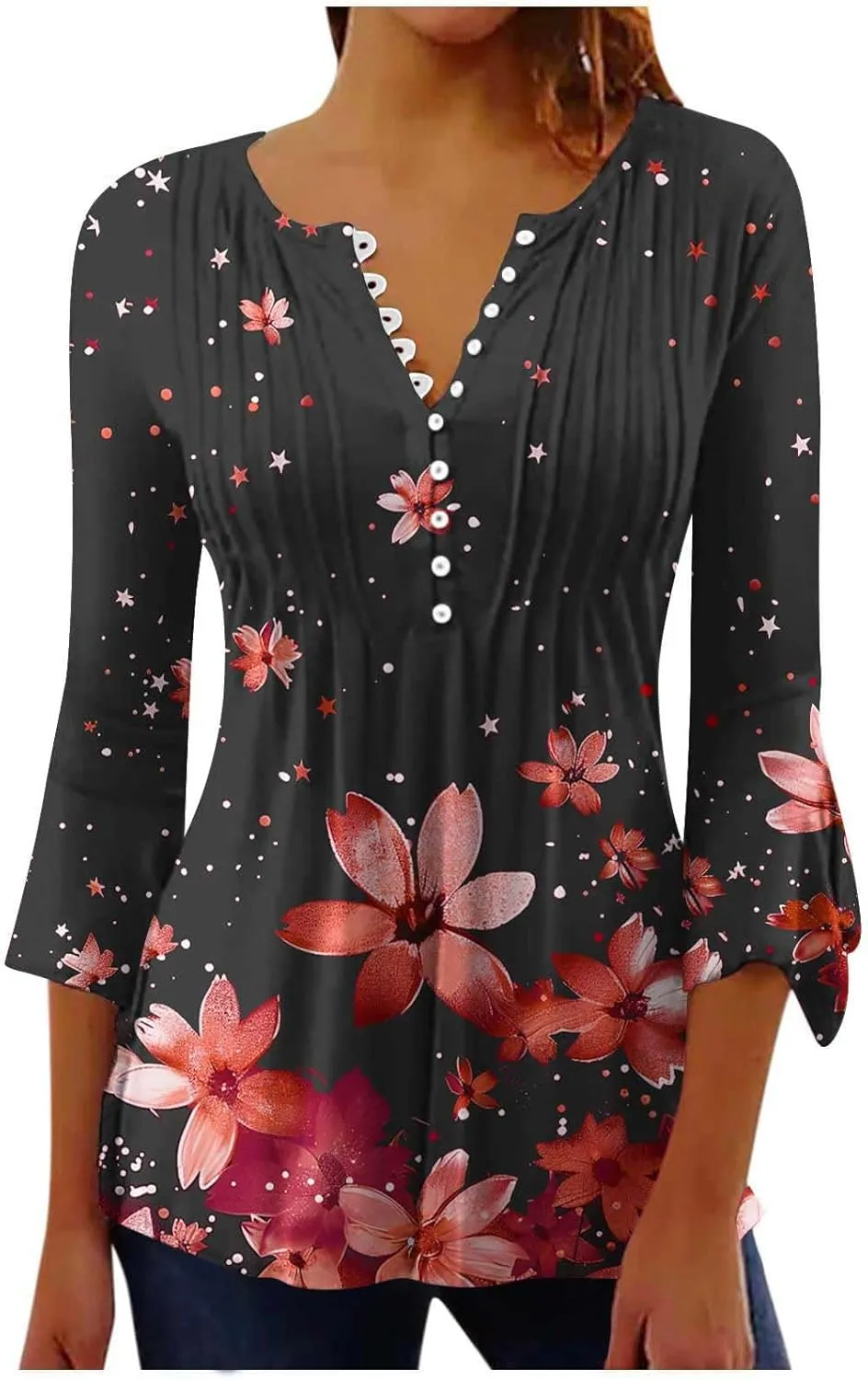 Women's Tunic Tops 2025 Fashion Boho Floral Print Daily Shirt Y2k 3/4 Bell Sleeve Button Down V Neck T Shirt Outfits