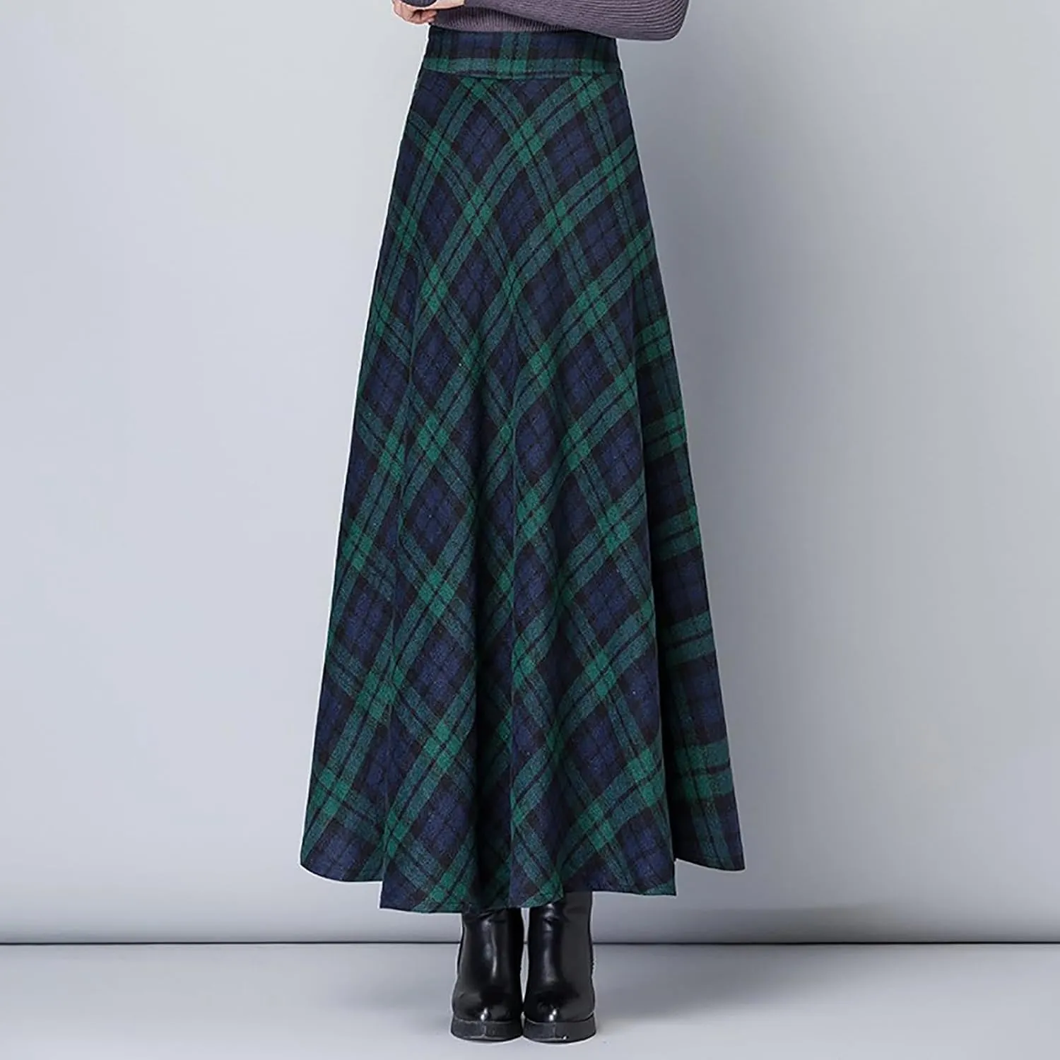 Women's Vintage Plaid Maxi Skirt Elegant High Waist Warm Wool Long Pleated Skirts Trendy Fall A-Line Tartan Skirts