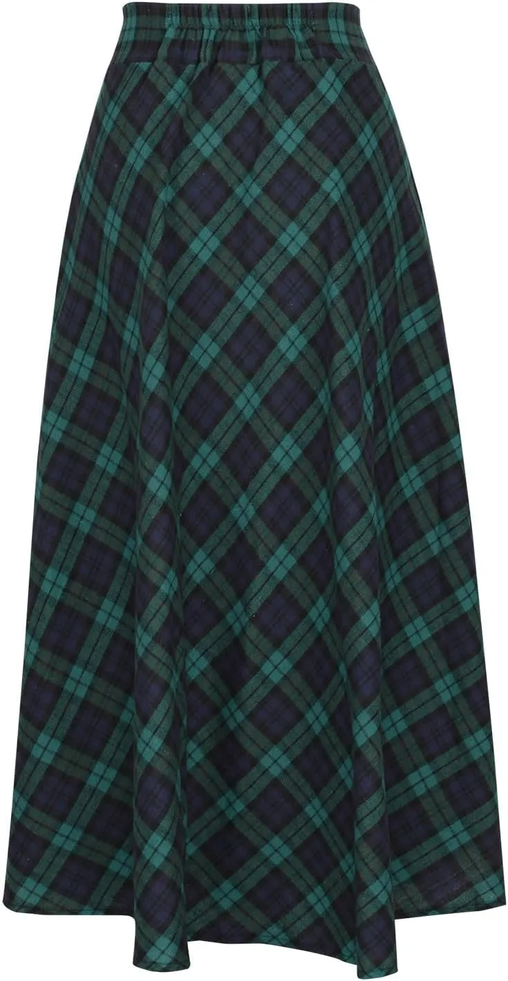 Women's Vintage Plaid Maxi Skirt Elegant High Waist Warm Wool Long Pleated Skirts Trendy Fall A-Line Tartan Skirts