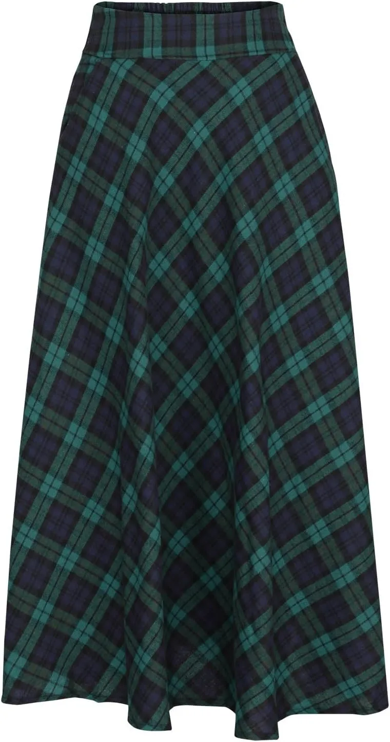 Women's Vintage Plaid Maxi Skirt Elegant High Waist Warm Wool Long Pleated Skirts Trendy Fall A-Line Tartan Skirts