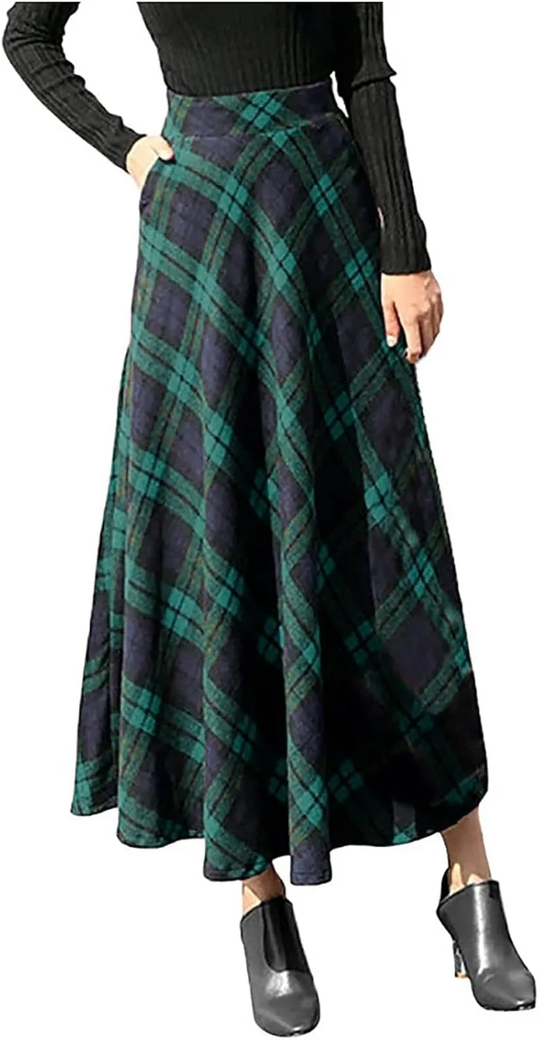 Women's Vintage Plaid Maxi Skirt Elegant High Waist Warm Wool Long Pleated Skirts Trendy Fall A-Line Tartan Skirts