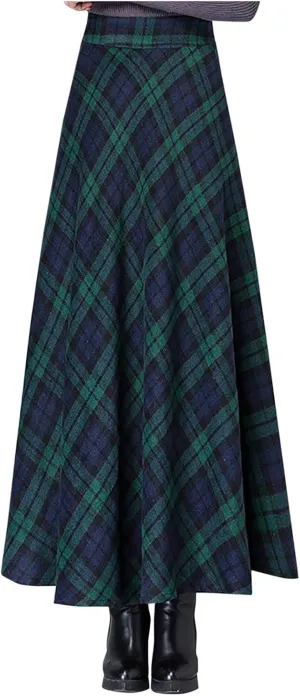 Women's Vintage Plaid Maxi Skirt Elegant High Waist Warm Wool Long Pleated Skirts Trendy Fall A-Line Tartan Skirts