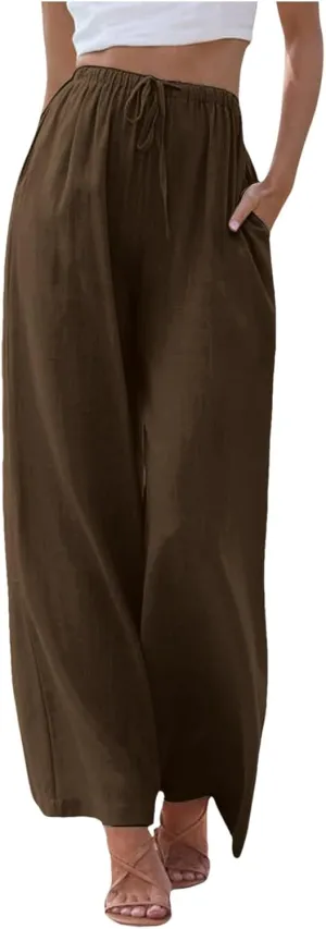Women's Wide Leg Cotton Linen Pants High Waisted Drawstring Elastic Waist Lounge Trousers Beach Summer Casual Slacks