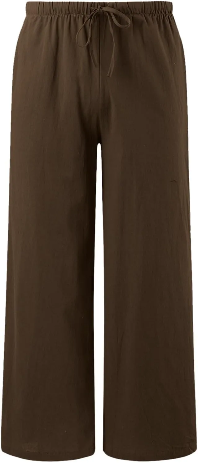 Women's Wide Leg Cotton Linen Pants High Waisted Drawstring Elastic Waist Lounge Trousers Beach Summer Casual Slacks