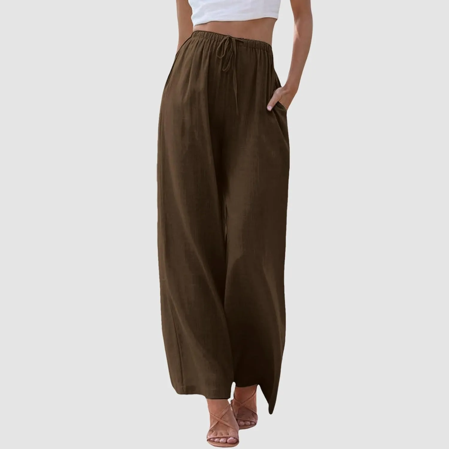 Women's Wide Leg Cotton Linen Pants High Waisted Drawstring Elastic Waist Lounge Trousers Beach Summer Casual Slacks