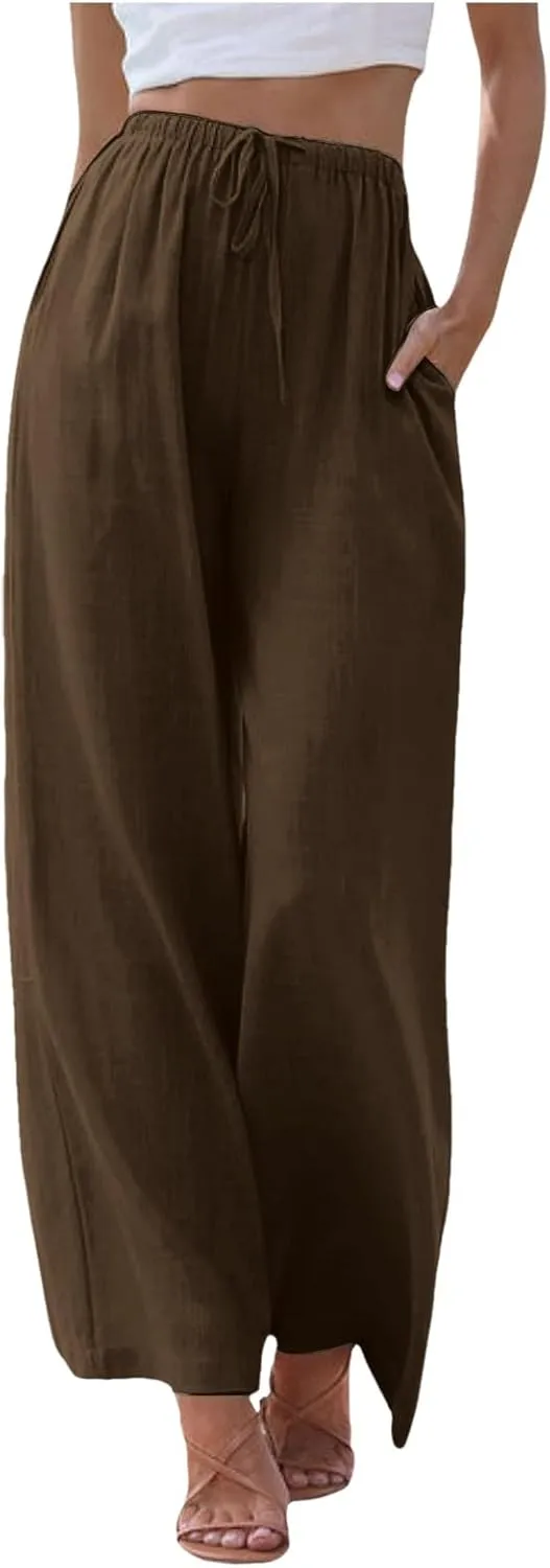 Women's Wide Leg Cotton Linen Pants High Waisted Drawstring Elastic Waist Lounge Trousers Beach Summer Casual Slacks
