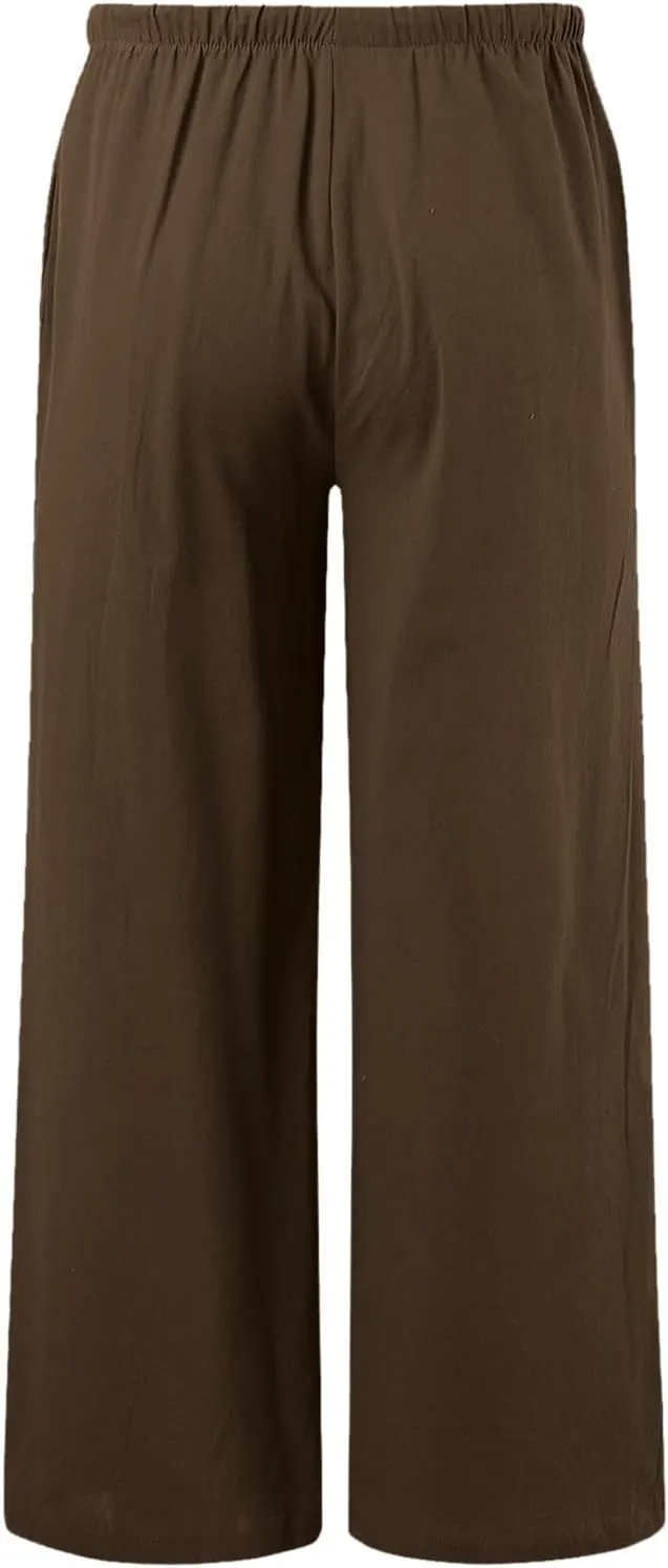 Women's Wide Leg Cotton Linen Pants High Waisted Drawstring Elastic Waist Lounge Trousers Beach Summer Casual Slacks