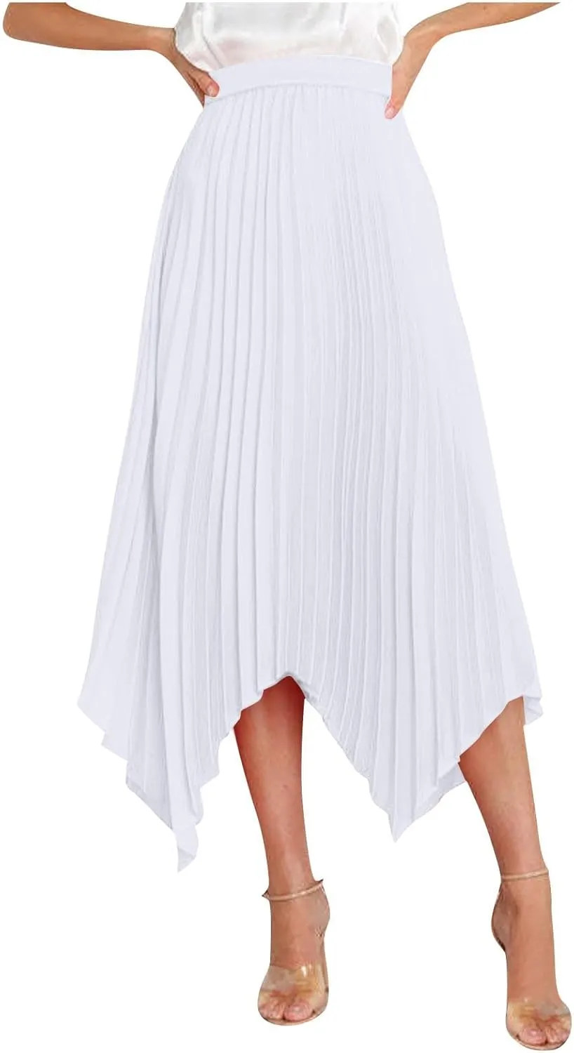 Xiaojmake Pleated Chiffon Skirts for Women High Elastic Waisted Flowy Asymmetrical Skirt Dressy High Low Summer Midi Skirts