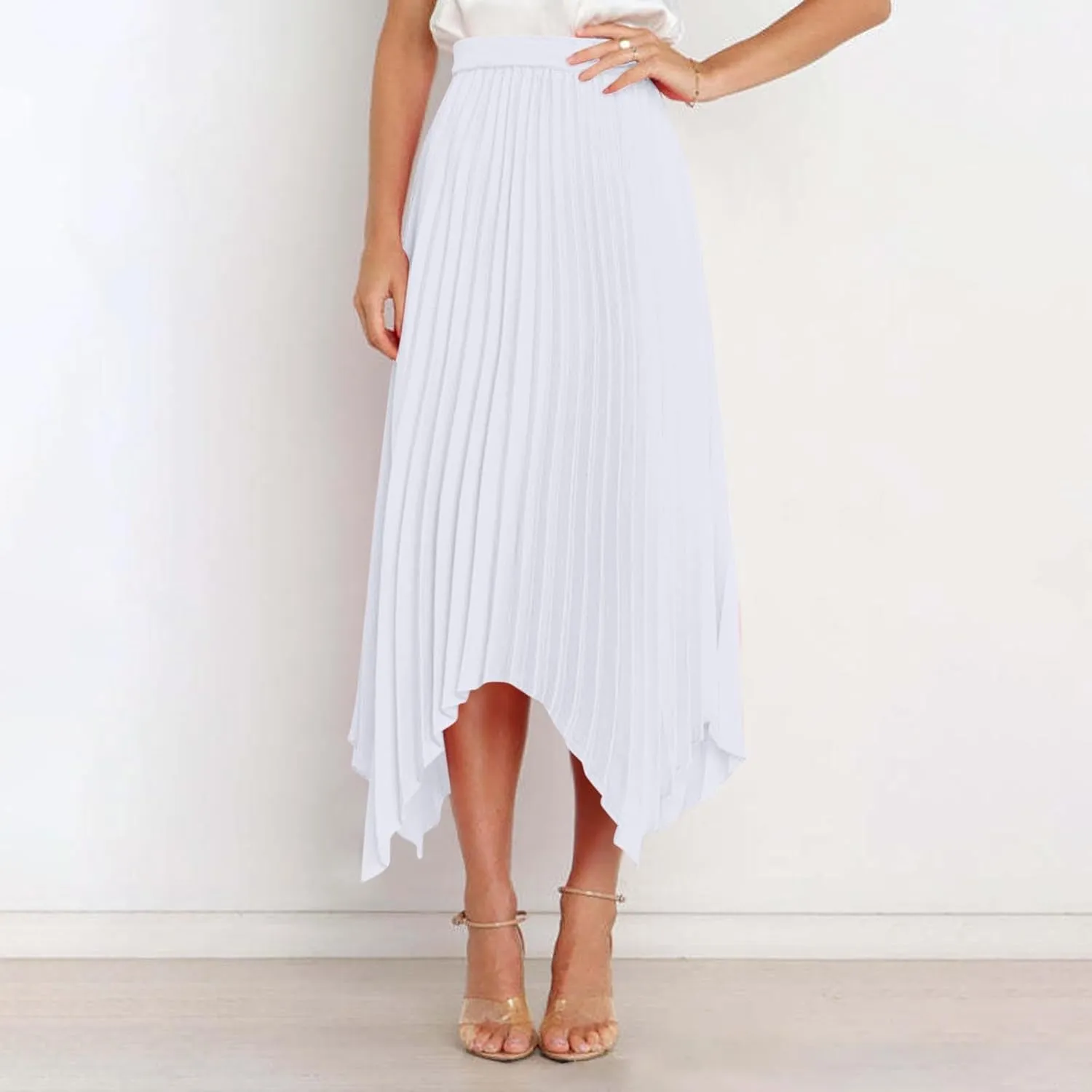 Xiaojmake Pleated Chiffon Skirts for Women High Elastic Waisted Flowy Asymmetrical Skirt Dressy High Low Summer Midi Skirts