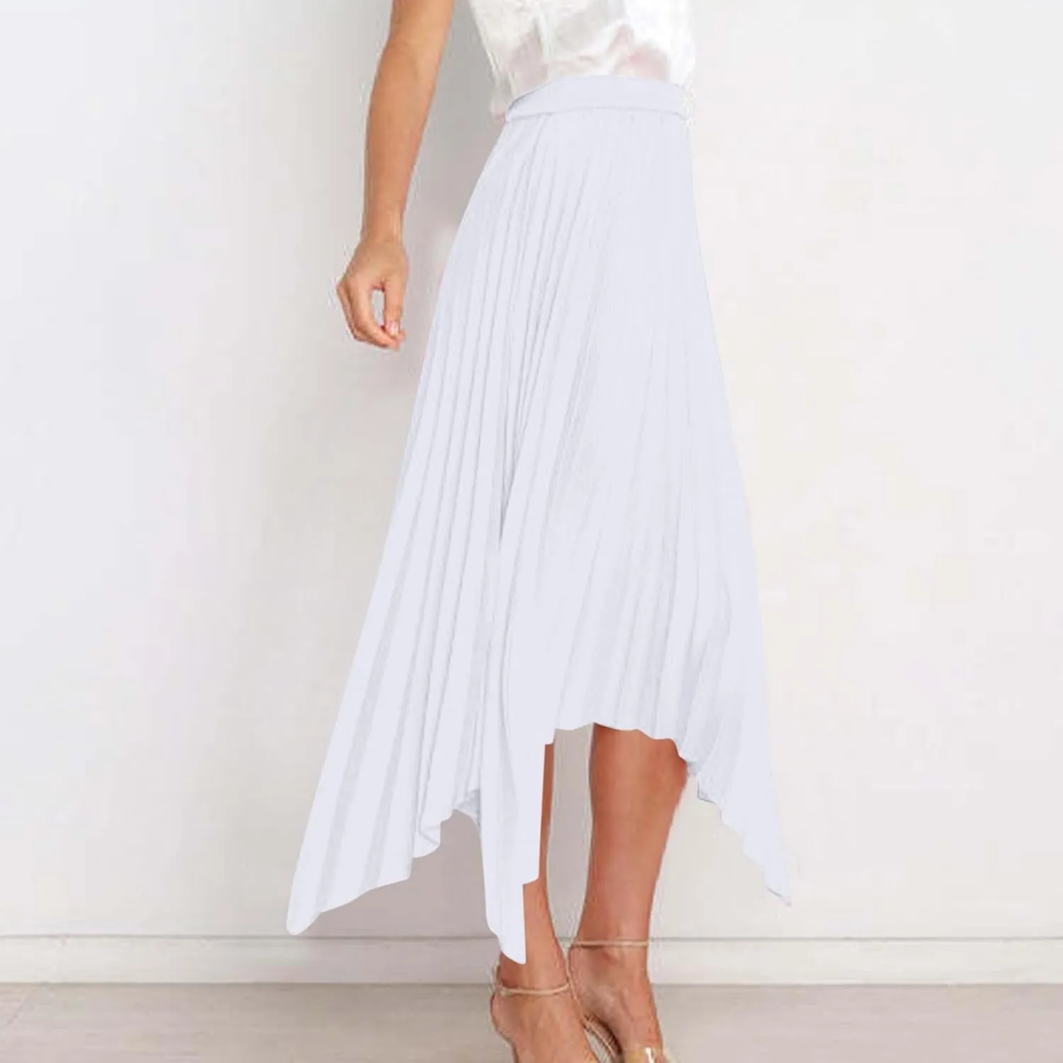 Xiaojmake Pleated Chiffon Skirts for Women High Elastic Waisted Flowy Asymmetrical Skirt Dressy High Low Summer Midi Skirts