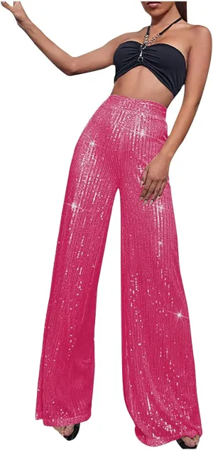 XUNRYAN Sequin Pants Women's 70s Disco Outfits High Waist Wide Leg Palazzo Pants Party Clubwear Trousers Hippie Clothes