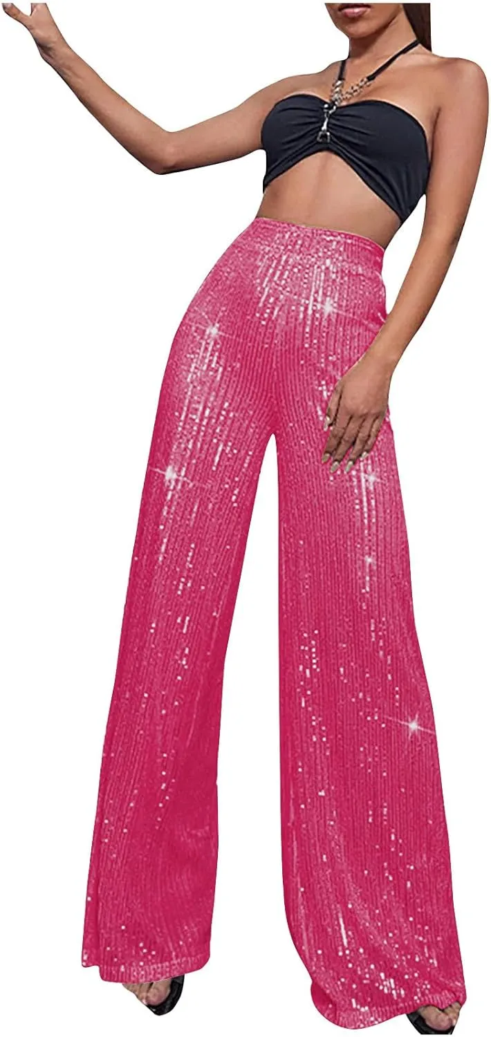 XUNRYAN Sequin Pants Women's 70s Disco Outfits High Waist Wide Leg Palazzo Pants Party Clubwear Trousers Hippie Clothes