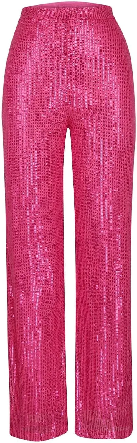 XUNRYAN Sequin Pants Women's 70s Disco Outfits High Waist Wide Leg Palazzo Pants Party Clubwear Trousers Hippie Clothes