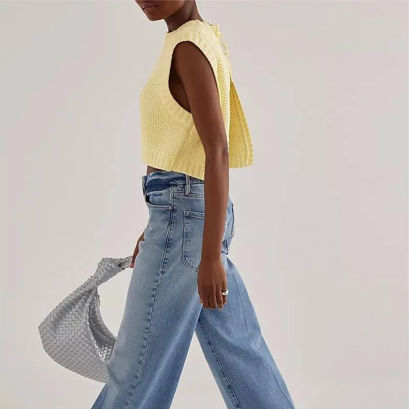 Y2K Women Backless Tie Up Knit Crop Sweater Vest Sleeveless Round Neck Split Open Back Pullover Fall Tank Tops