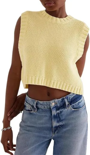 Y2K Women Backless Tie Up Knit Crop Sweater Vest Sleeveless Round Neck Split Open Back Pullover Fall Tank Tops