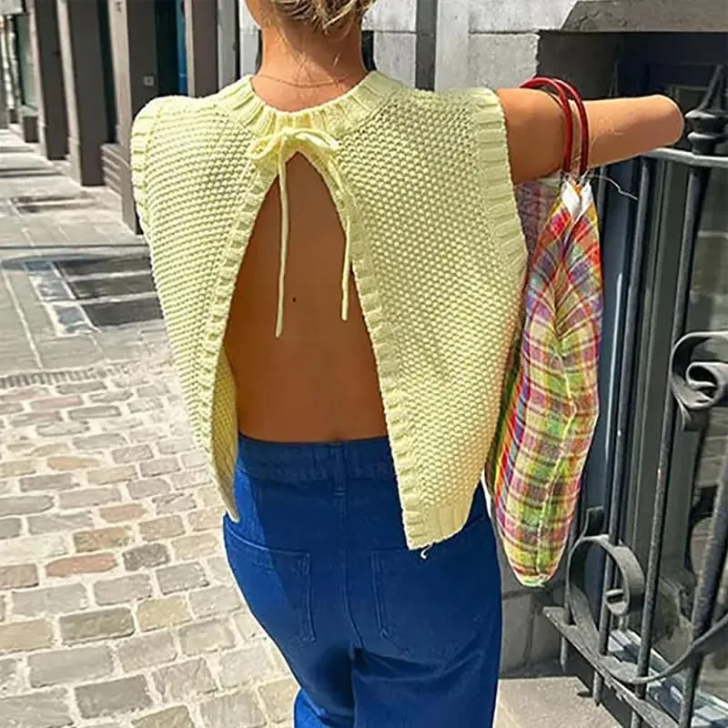 Y2K Women Backless Tie Up Knit Crop Sweater Vest Sleeveless Round Neck Split Open Back Pullover Fall Tank Tops