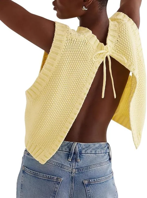 Y2K Women Backless Tie Up Knit Crop Sweater Vest Sleeveless Round Neck Split Open Back Pullover Fall Tank Tops