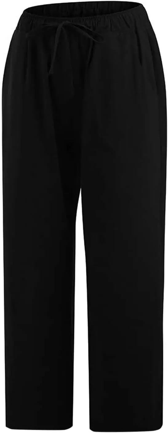 yardsong Linen Capris for Women Summer Casual Loose Fit Cropped Pants Drawstring Elastic Waist Lounge Pant with Pockets