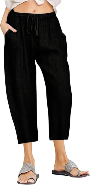 yardsong Linen Capris for Women Summer Casual Loose Fit Cropped Pants Drawstring Elastic Waist Lounge Pant with Pockets