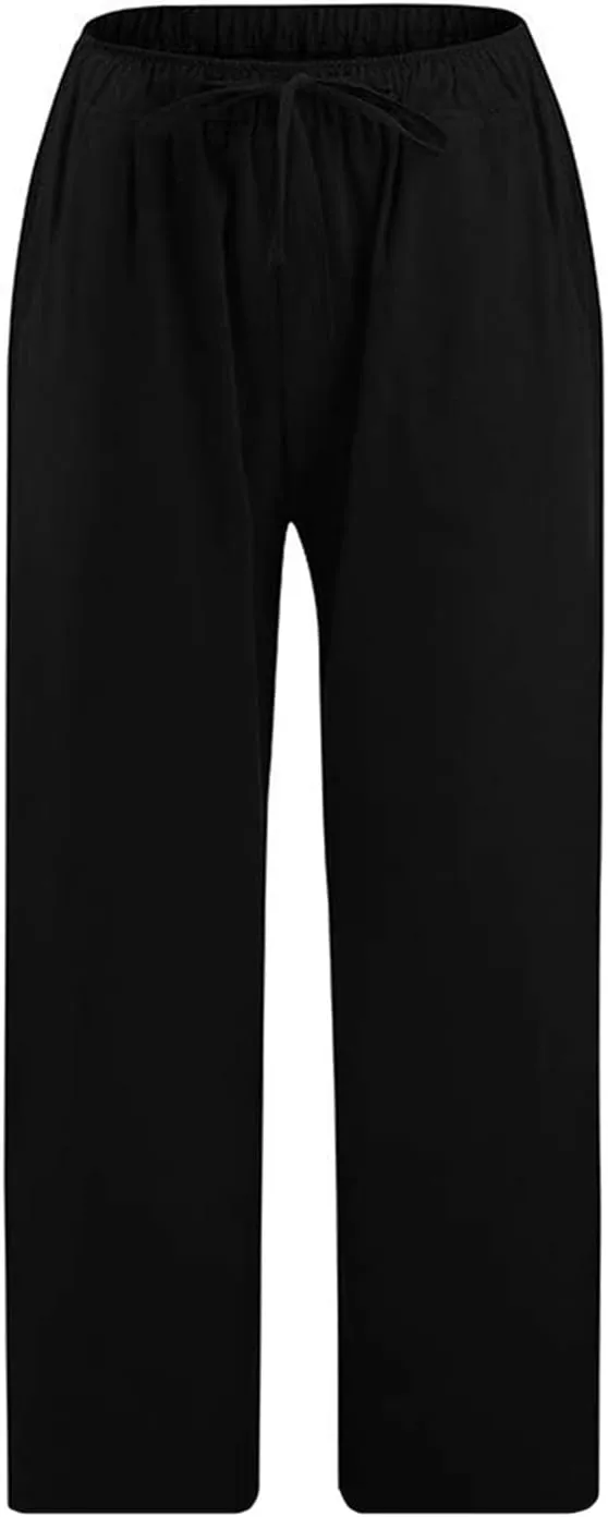 yardsong Linen Capris for Women Summer Casual Loose Fit Cropped Pants Drawstring Elastic Waist Lounge Pant with Pockets
